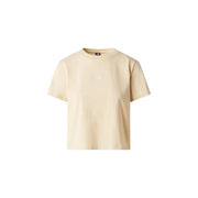 The North Face women beige cotton short-sleeved t shirt with a round neck and subtle embroidered logo on the chest