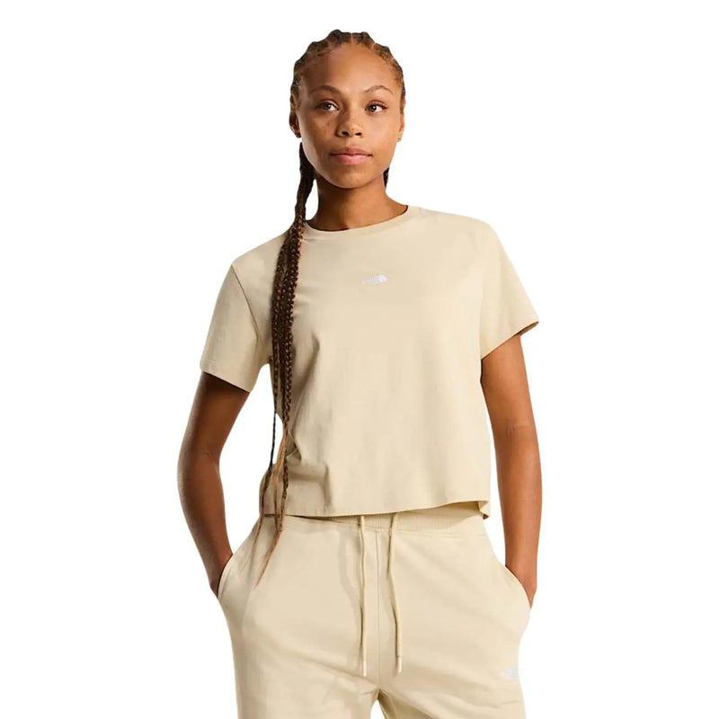 The North Face women beige cotton short-sleeved crop top with round neck and subtle embroidered logo on chest