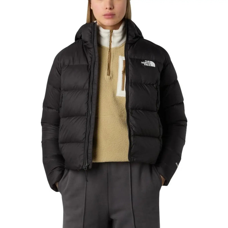 Schwarze Nylon-Steppjacke von The North Face für Damen mit Steppmuster und weißem Logo auf der Brust.