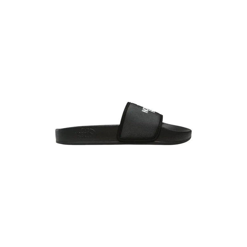 The North Face women slip on slide slippers in black with a textured strap and white logo for casual wear