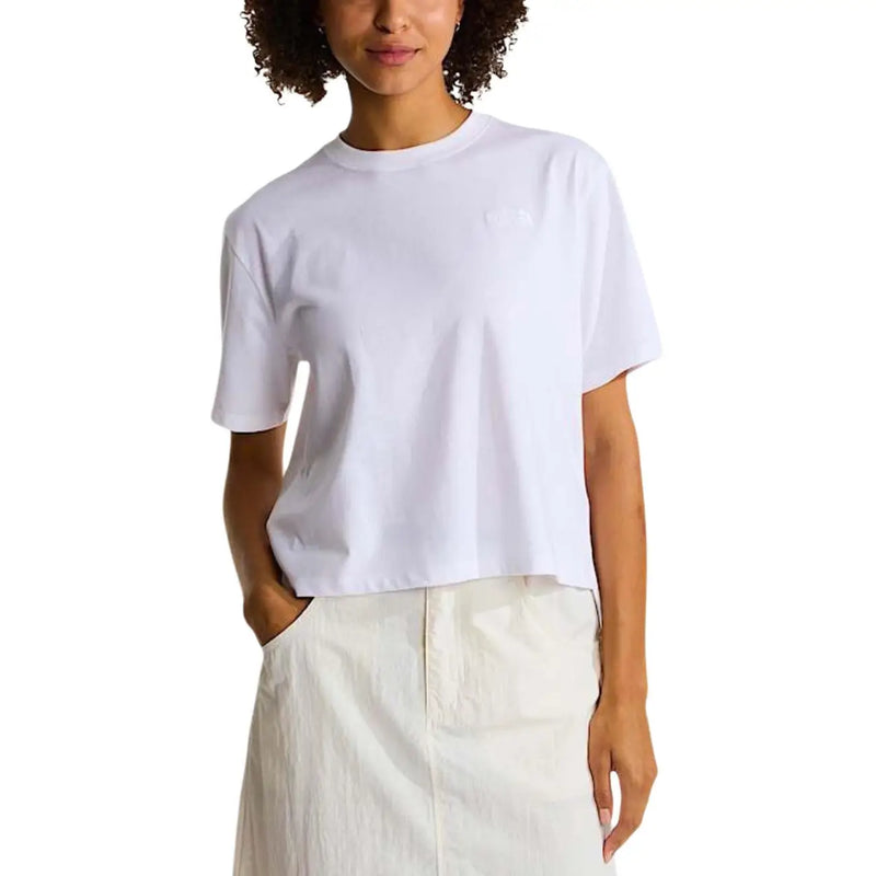 Weißes, kurzes T-Shirt mit Rundhalsausschnitt und dezentem Logo auf der Brust aus Baumwollmischgewebe von The North Face Women