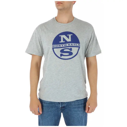 Gray North Sails Men T-Shirt featuring blue NS logo and North Sails text design
