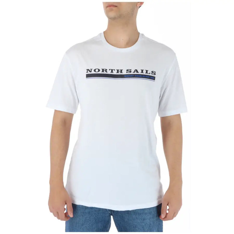 White north sails men t shirt made of 100 percent cotton with navy blue and black text across the chest and round neck