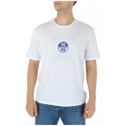 North sails men white cotton t-shirt with short sleeves and blue circular logo featuring north sails text and n above s
