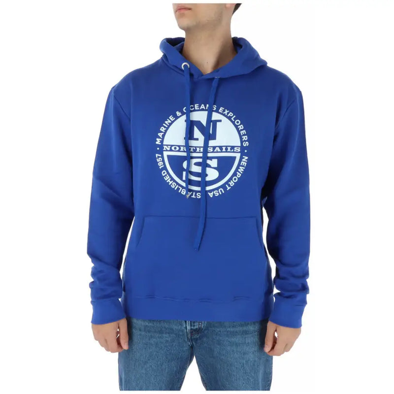 North sails men’s royal blue cotton blend hoodie with bold white circular logo and ns emblem for marine explorers