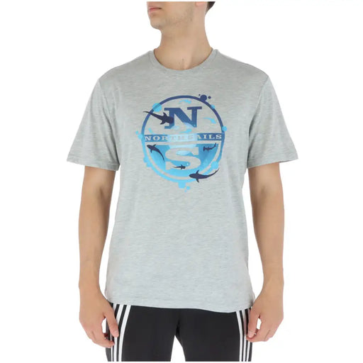 North Sails men’s grey heathered cotton t-shirt with round neck and blue navy shark graphic print on front