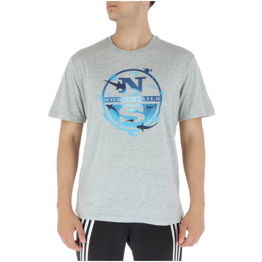 North Sails men’s grey heathered cotton t-shirt with round neck and blue navy shark graphic print on front