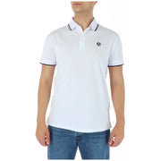 North sails mens white cotton polo shirt with black trim on collar and cuffs featuring embroidered logo