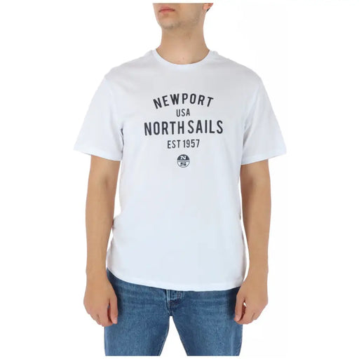 North Sails men’s white round neck cotton t-shirt with black newport USA north sails est 1957 graphic and logo
