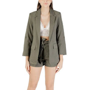 Olive green blazer and shorts set displayed in Beige Blazer and Pants Suit product image