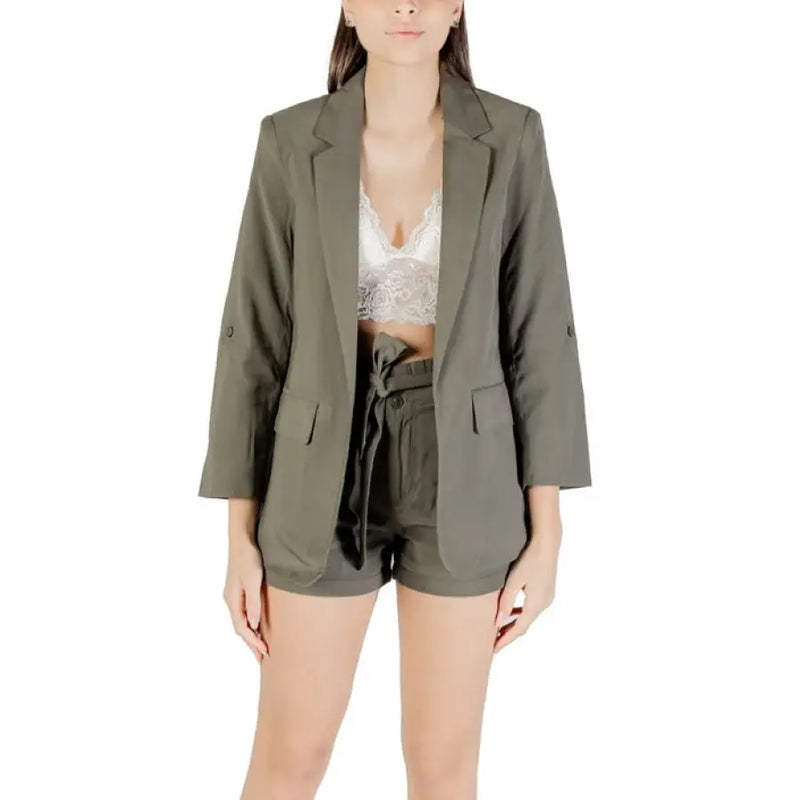 Olive green blazer and shorts set displayed in Beige Blazer and Pants Suit product image