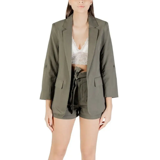 Olive green blazer and shorts set displayed in Beige Blazer and Pants Suit product image