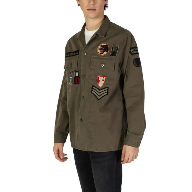 Olive green military-style shirt with patches from Replay Men’s Classic Long Green Shirt