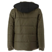 Olive green puffer jacket with black hood for stylish cold weather outerwear