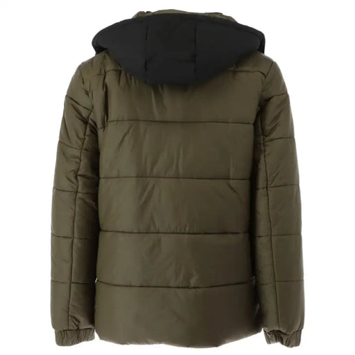 Olive green puffer jacket with black hood for stylish cold weather outerwear
