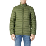 Olive green quilted puffer jacket with full-length zipper and front pockets for men