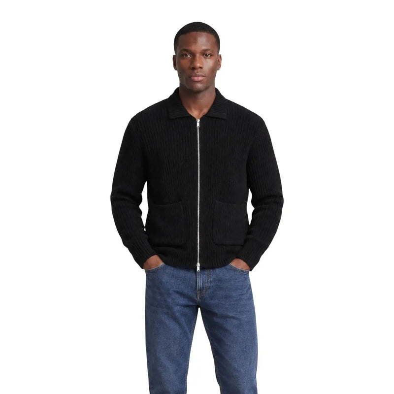 Only & Sons Cardigan FRAME RLX für Herren aus schwarzem Rippstrick mit Reißverschluss und zwei Vordertaschen, Vorderansicht
