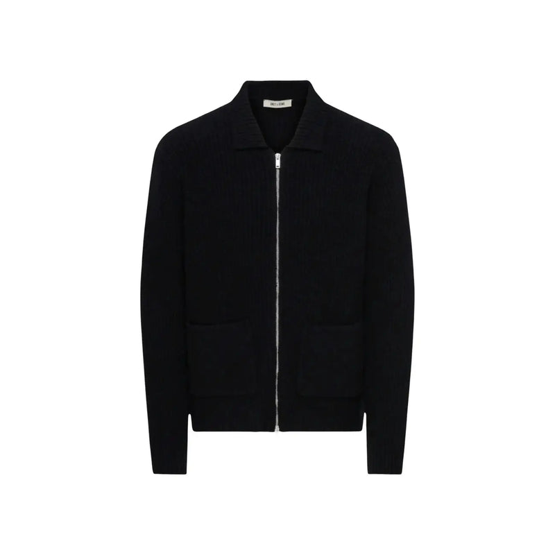 Only & sons Cardigan Frame RLX für Herren aus schwarzem Strick mit silbernem Reißverschluss und zwei Vordertaschen, Vorderansicht
