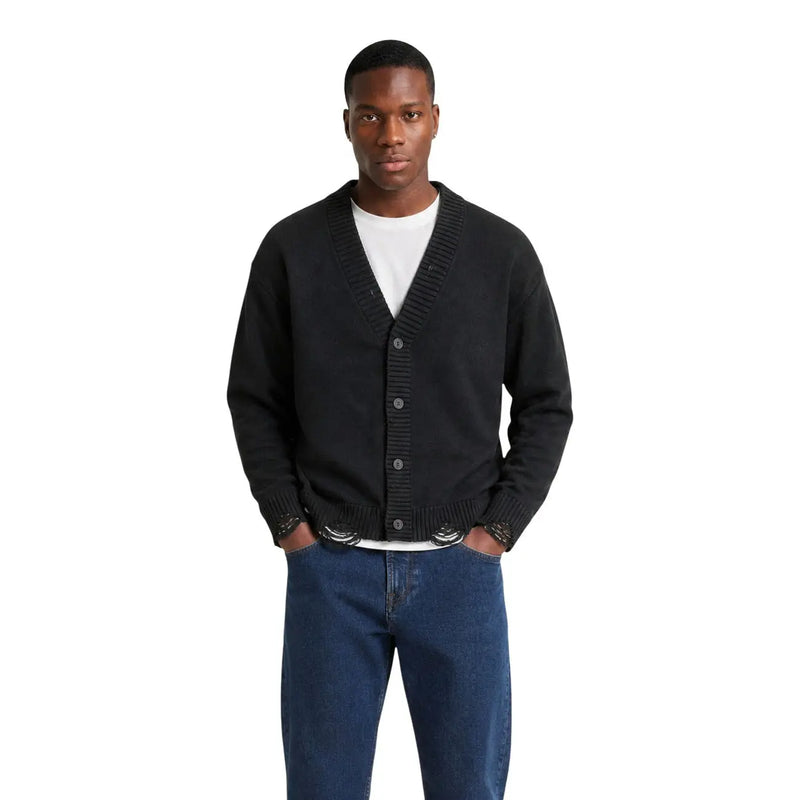 Only Herren-Strickjacke „Tune“ von Sons aus schwarzem Strickmaterial mit gerippten Bündchen und Kragen, Vorderansicht