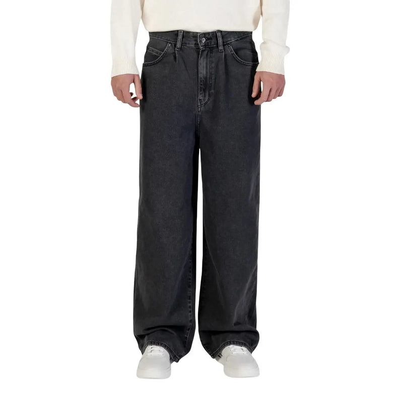 Only and sons men black cotton jeans featuring wide-leg fit and classic five-pocket design displayed from the front