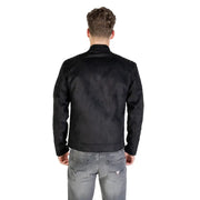 Men’s black faux leather blazer with mandarin collar paired with gray jeans