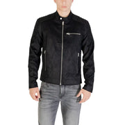 Men’s black faux suede biker jacket with silver zippers and stand collar for stylish urban wear
