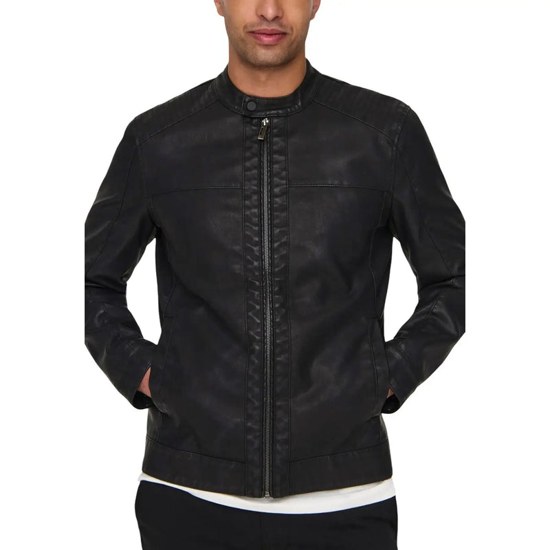 Only and Sons men black faux leather bomber jacket with central zipper subtle stitching polyester polyurethane