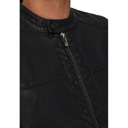 Only and sons men black faux leather zip blazer with matte finish and textured shoulder panels in polyester polyurethane