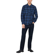 Blau kariertes Flanellhemd mit dunkelblauen und schwarzen Streifen, Brusttaschen und Knopfleiste für Herren