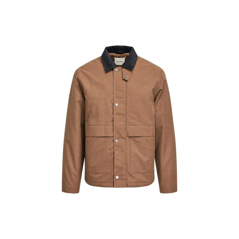 Hellbraune Canvas-Jacke mit schwarzem Kragen und silbernen Knöpfen von Only and Sons Herren-Blazer aus braunem, wattiertem Polyester