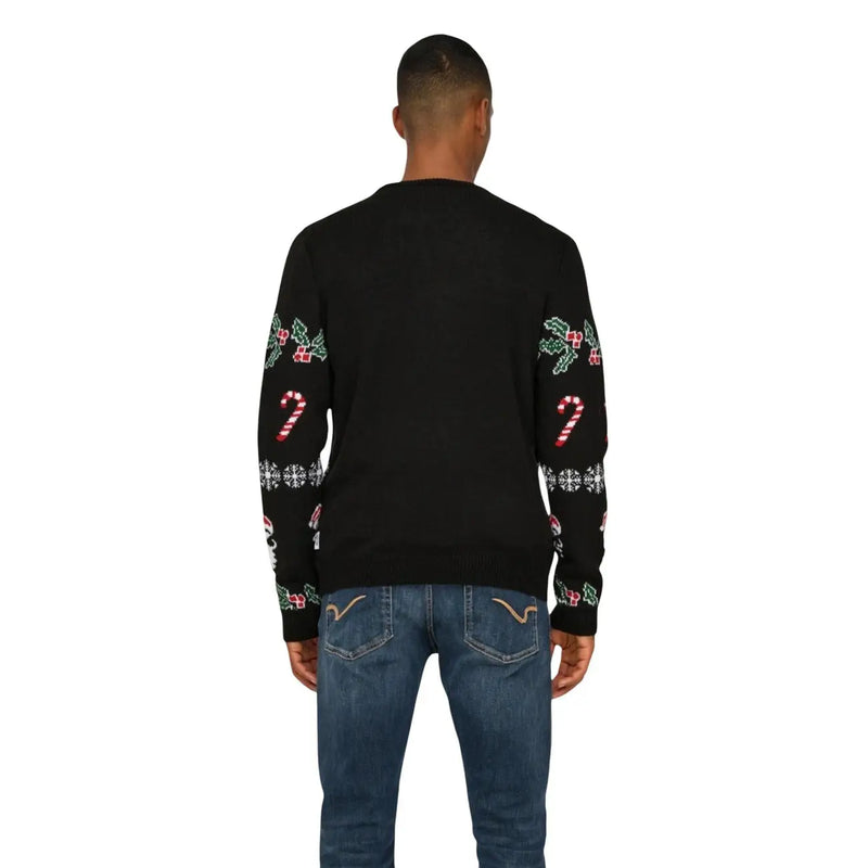 Only and sons men knitwear black round neck acrylic sweater with festive red and green candy cane holly and snowflake patterns