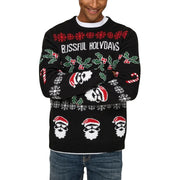 Only Sons men knitwear black acrylic round neck sweater with festive red green white christmas patterns and blissful holidays text