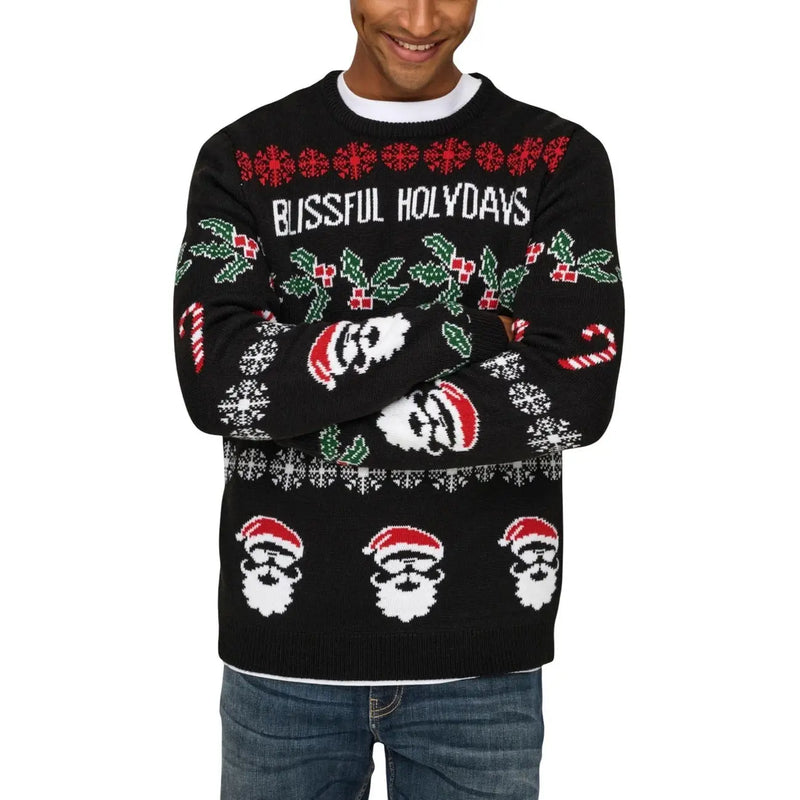 Only Sons men knitwear black acrylic round neck sweater with festive red green white christmas patterns and blissful holidays text