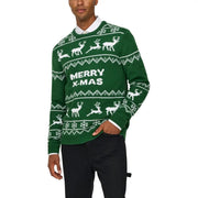 Green knit sweater by Only Sons featuring white reindeer snowflake patterns and merry x-mas text in acrylic material