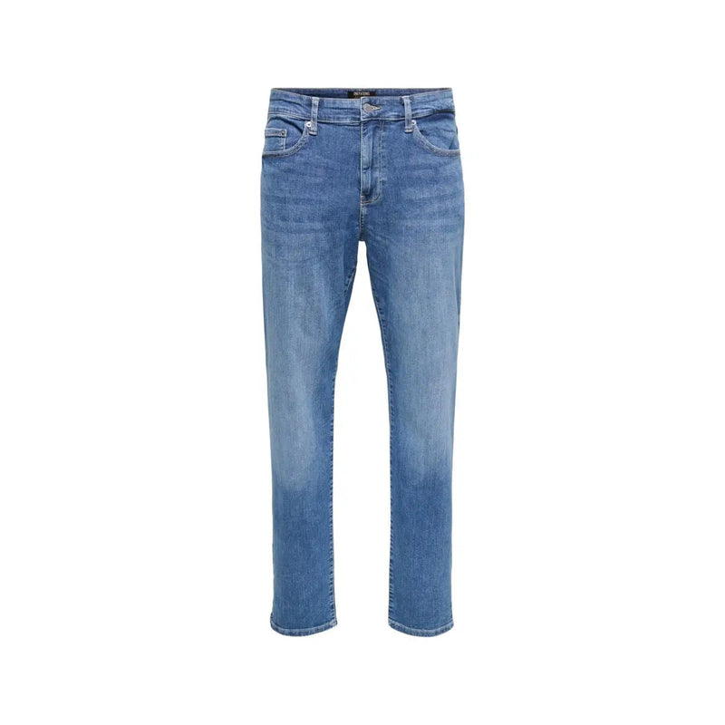 Only and Sons men light blue cotton jeans with medium-wash denim, straight-leg cut, and classic five-pocket design