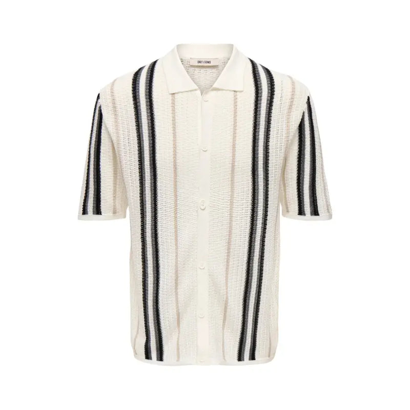 Only & Sons Herren-Polohemd, beige gestreift, Baumwollstrick, cremefarben, kurzärmelig, mit Knopfleiste und markanten schwarzen Längsstreifen