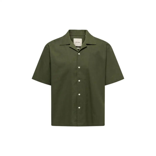 Only & Sons men shirt olive green short-sleeved button-up with collar and white buttons for casual wear