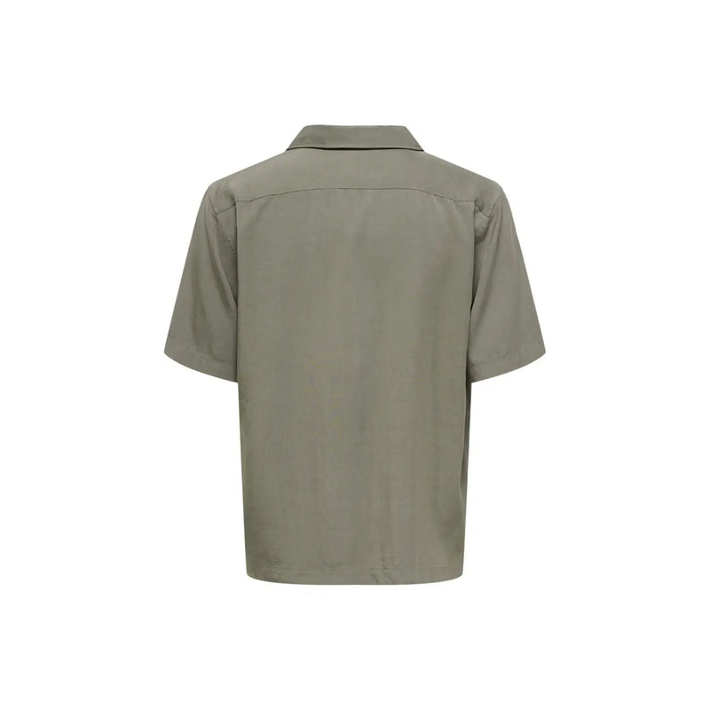 Olive green short-sleeved button-up shirt with classic collar and minimalist design by Only & Sons men shirt