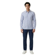 A man wearing an Only & Sons men shirt with light blue and white vertically striped long sleeves