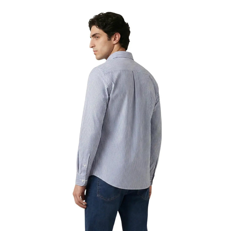 Only & Sons men shirt with navy and white fine vertical stripes made from a crisp cotton blend long-sleeved button-down