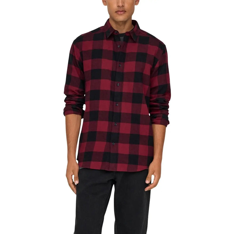 Only and sons men shirt in bold red and black plaid soft flannel long-sleeved button-up design