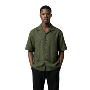 Olive green short-sleeved button-up shirt with collar and white buttons by Only & Sons men shirt