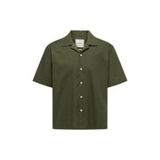 Only & Sons men shirt olive green short-sleeved button-up with collar and white buttons for casual wear