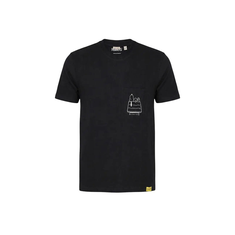 Black short sleeved only & sons men t-shirt featuring a white line drawing of snoopy on the left chest pocket