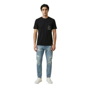 Schwarzes kurzärmeliges Baumwollhemd t-shirt aus Only Söhne mit einer kleinen weißen Linienzeichnung auf der linken Brust