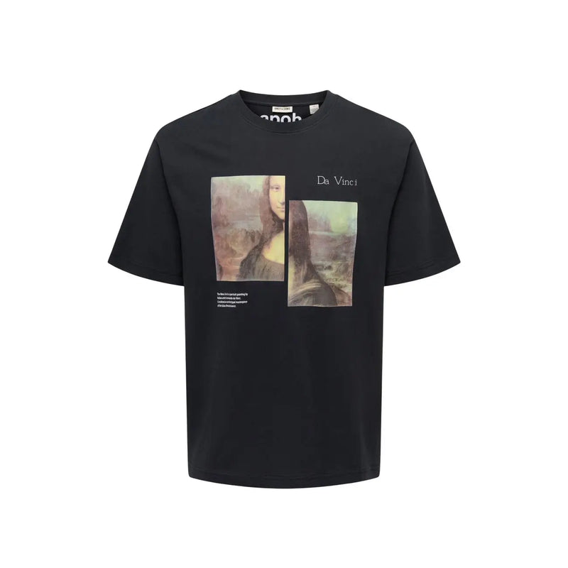 Black cotton Only & Sons men t-shirt featuring a split Mona Lisa graphic print with da Vinci text above it