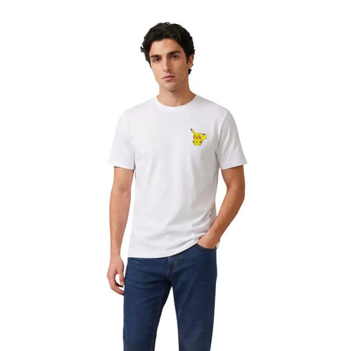 Only & Sons men white cotton t-shirt with a small embroidered Pikachu on the left chest