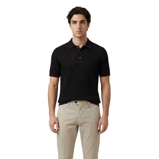 Only and Sons men white cotton polo short sleeve shirt in black with ribbed texture and buttoned collar