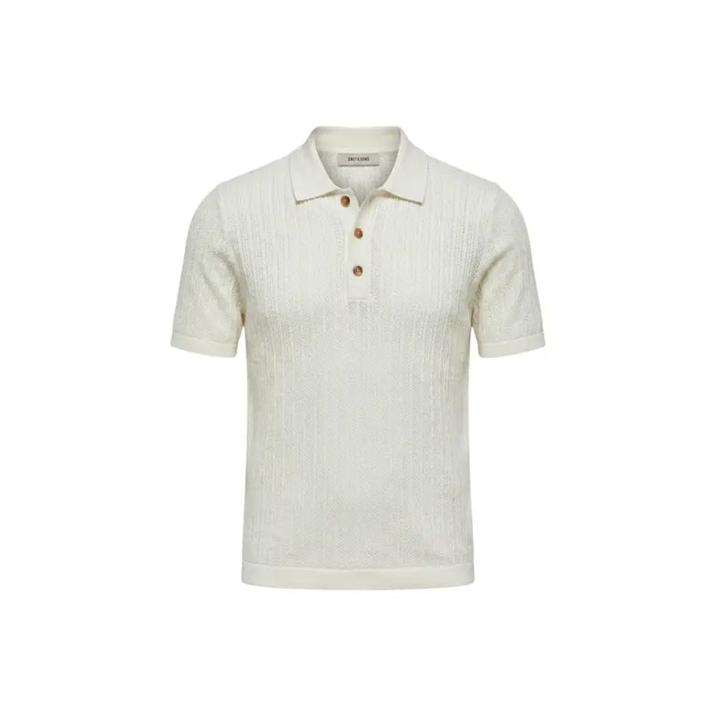cremefarben only & Söhne Herren-Polohemd aus weißer Baumwolle mit kurzen Ärmeln, strukturiertem Strickmuster und Holzknöpfen