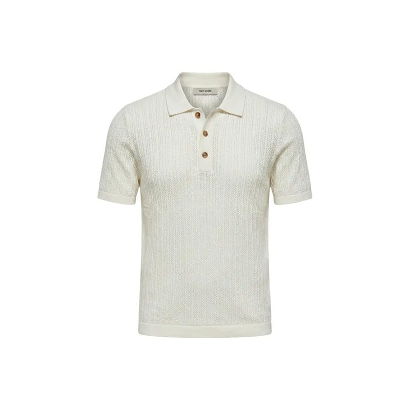 Cream-colored only and sons men white cotton polo short sleeve shirt with textured knit and wooden buttons